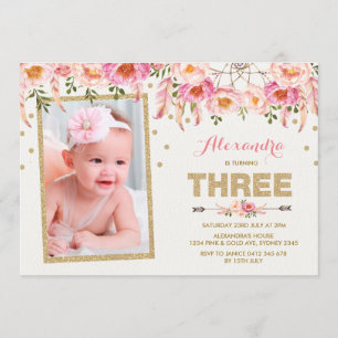 Pink Gold Bohemian Floral 3rd Birthday Invitation