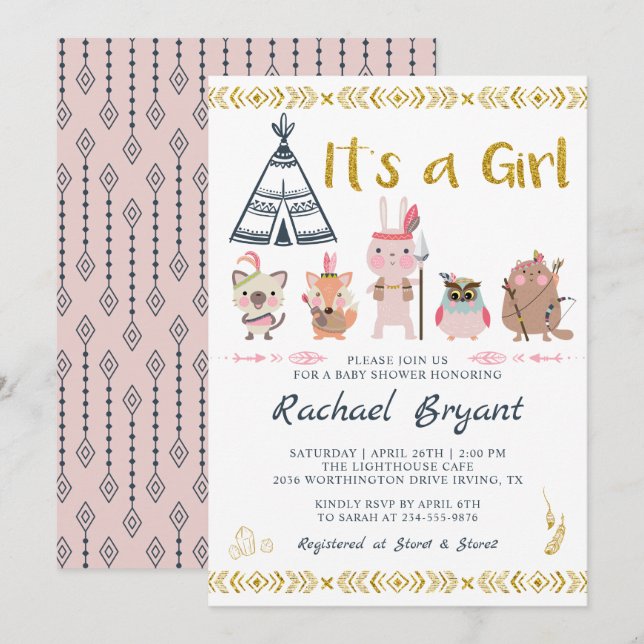 Pink Gold Boho Animals Its A Girl Baby Shower Invitation (Front/Back)