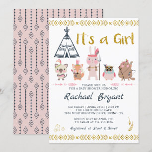 Pink Gold Boho Animals Its A Girl Baby Shower Invitation