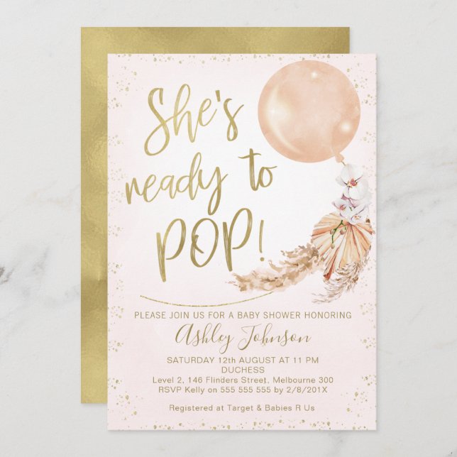 Pink Gold Boho Balloon Ready To Pop Baby Shower  Invitation (Front/Back)
