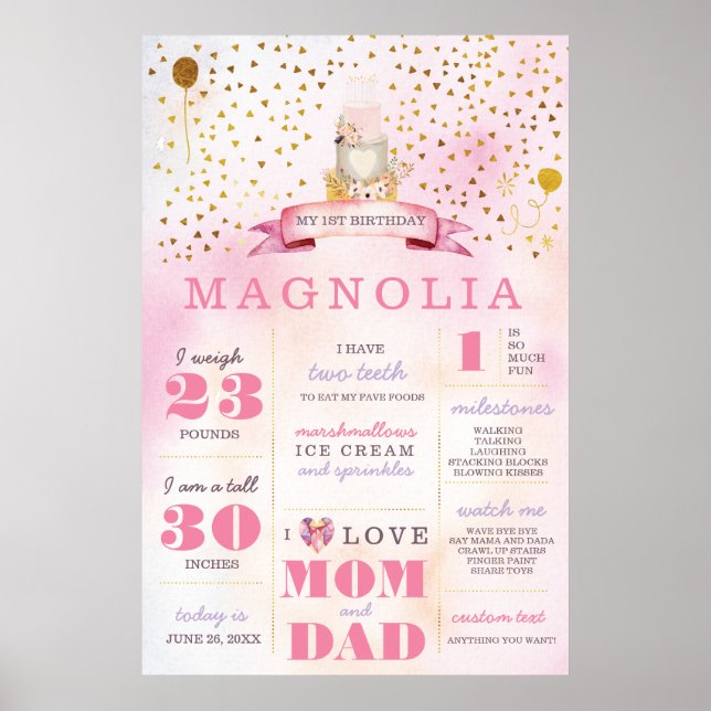 Pink & Gold Boho Birthday Stats Milestone Poster (Front)