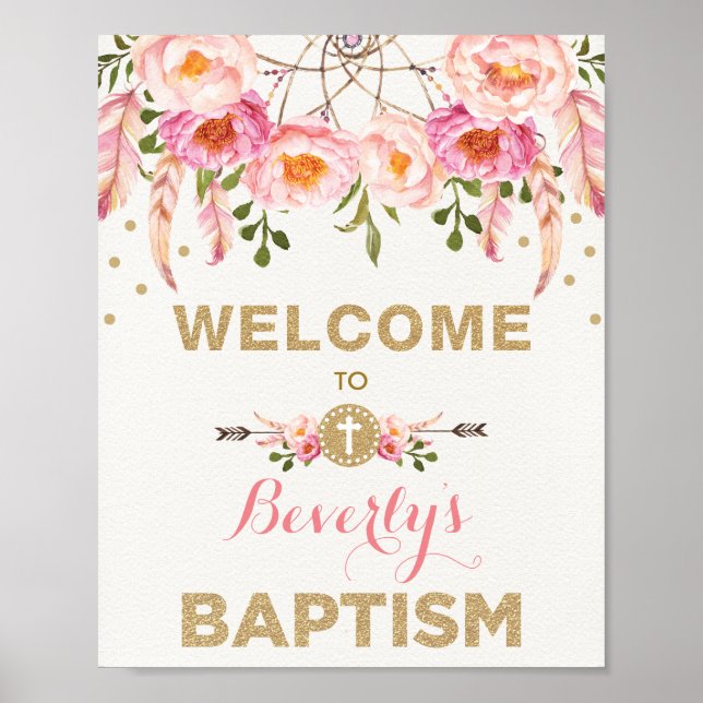 Pink Gold Boho Dreamcatcher Floral Baptism Welcome Poster (Front)