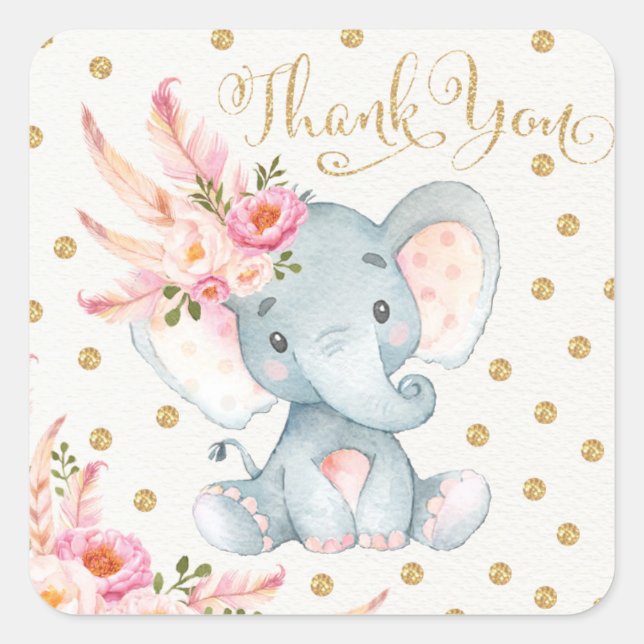 Pink Gold Boho Elephant Birthday Favour Sticker Ta (Front)