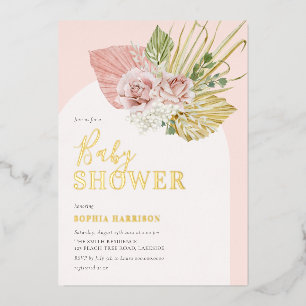 Pink Gold Boho Floral Arch Real Foil Invitation