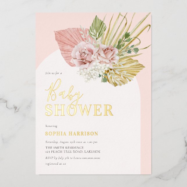 Pink Gold Boho Floral Arch Real Foil Invitation (Front)