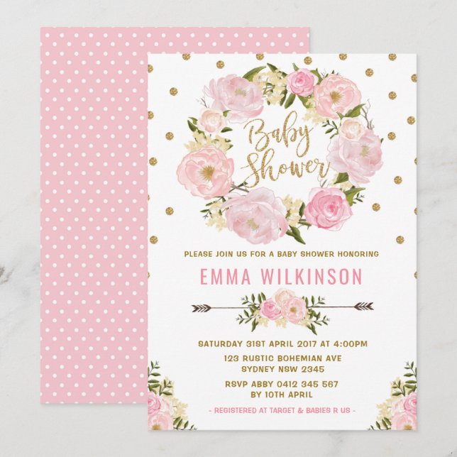 Pink & Gold Boho Floral Baby Shower Invitation (Front/Back)