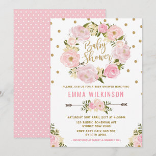 Pink & Gold Boho Floral Baby Shower Invitation
