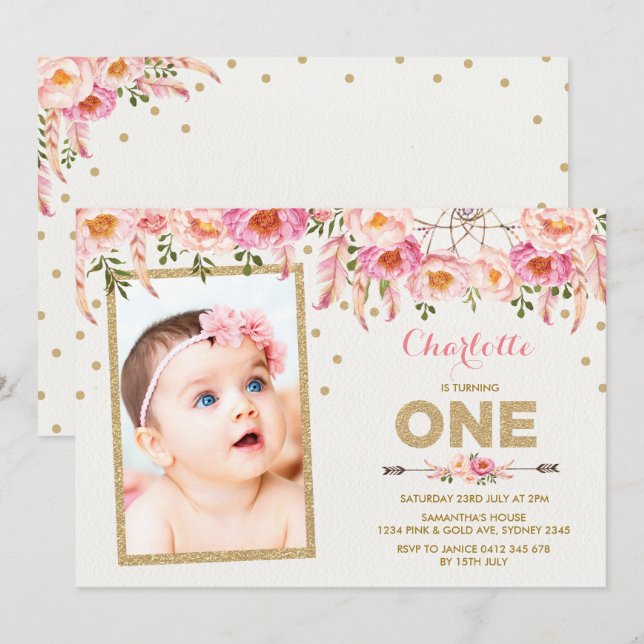 Pink Gold Boho Floral First 1st Birthday Invite (Front/Back)