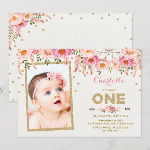 Pink Gold Boho Floral First 1st Birthday Invite