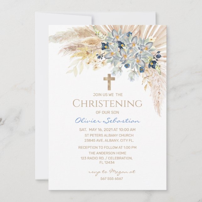 Pink Gold Boho Girl Baptism Christening Invitation (Front)