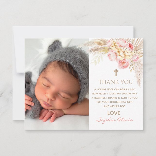 Pink Gold Boho Girl Christening Thank you Card (Front)