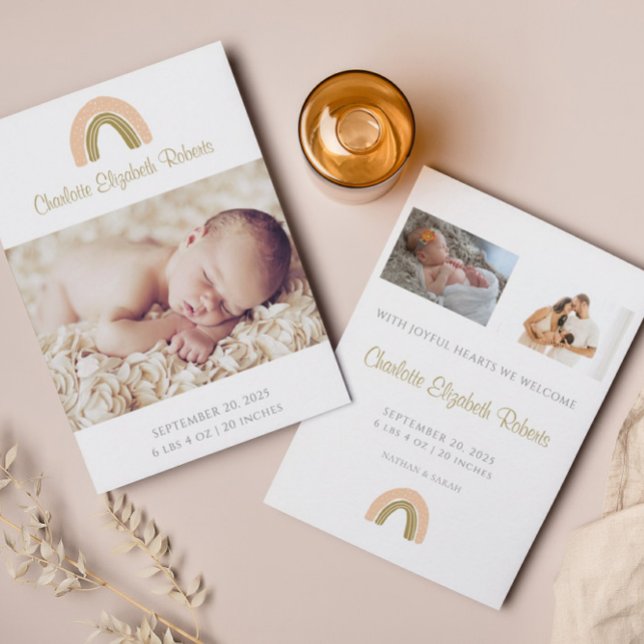 Pink Gold Boho Rainbow Birth Announcement Card (Creator Uploaded)