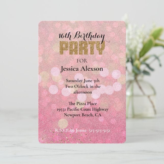Pink Gold Bokeh Glitter Birthday Invitation (Standing Front)