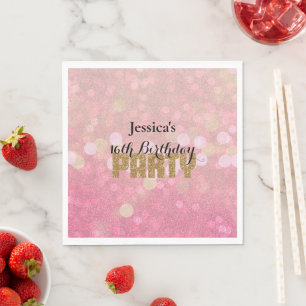 Pink Gold Bokeh Glitter Birthday Napkin