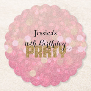 Pink Gold Bokeh Glitter Birthday Paper Coaster