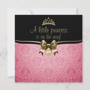 Pink & Gold Bow/Damask Baby Shower Invitation