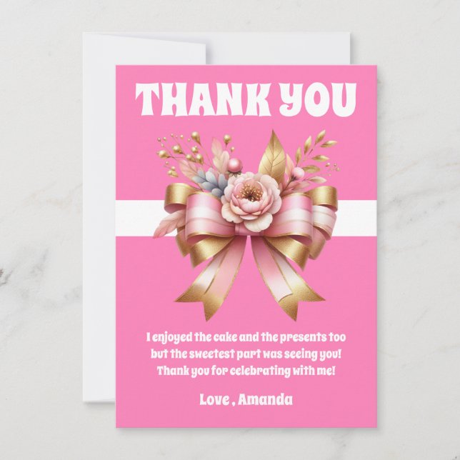 Pink Gold Bow First Birthday Thank You Card (Front)