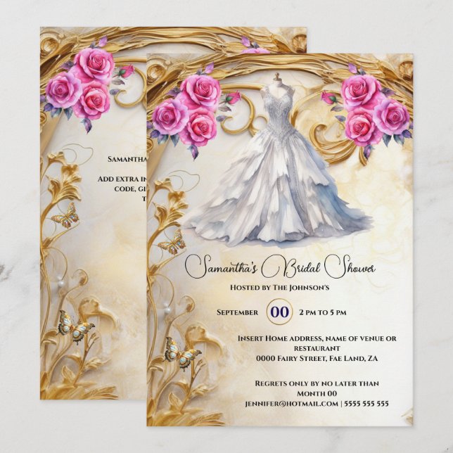 Pink gold bridal gown roses luxurious flowers invitation (Front/Back)