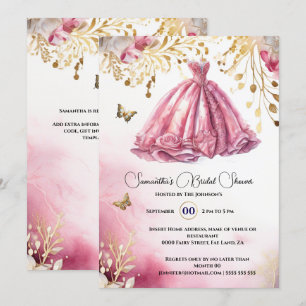Pink gold bride to be ballgown luxury dress floral invitation