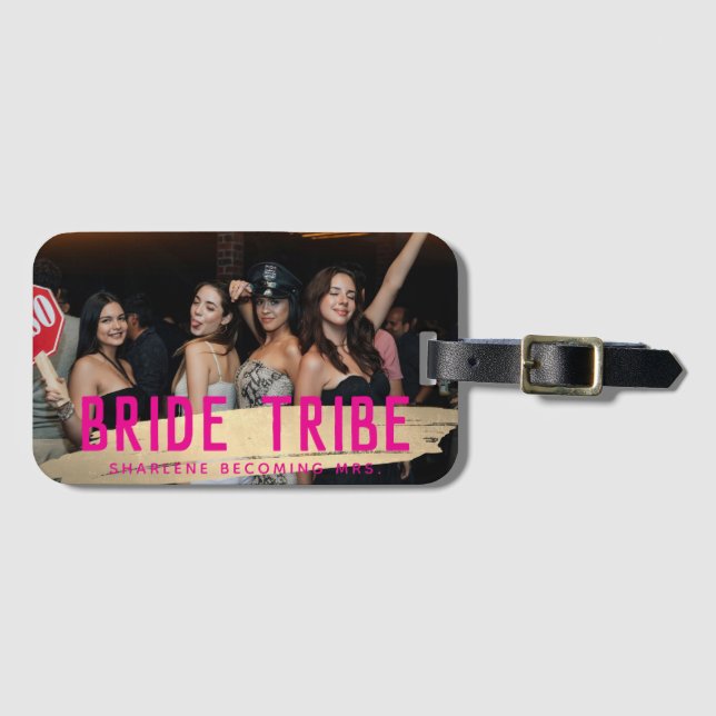 Pink Gold Bride Tribe Photo Bridesmaid Gift Luggage Tag (Front Horizontal)