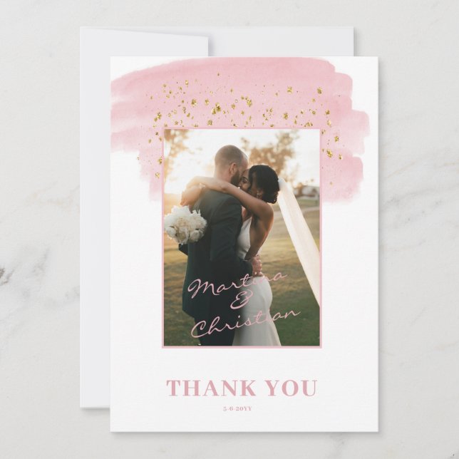 Pink Gold Brush Wedding  Thank You Card (Front)