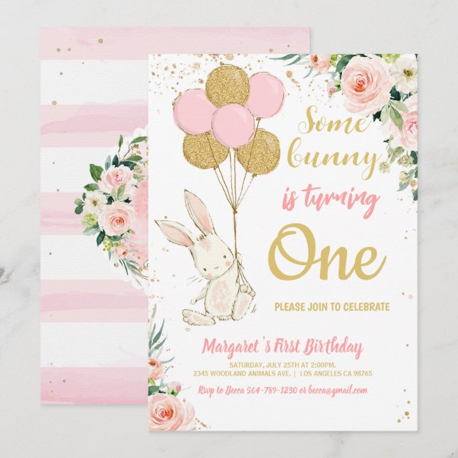 Pink Gold Bunny Birthday Invitation (Front/Back)