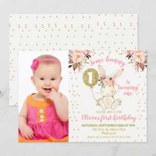 Pink Gold Bunny Photo 1st Birthday Invitation