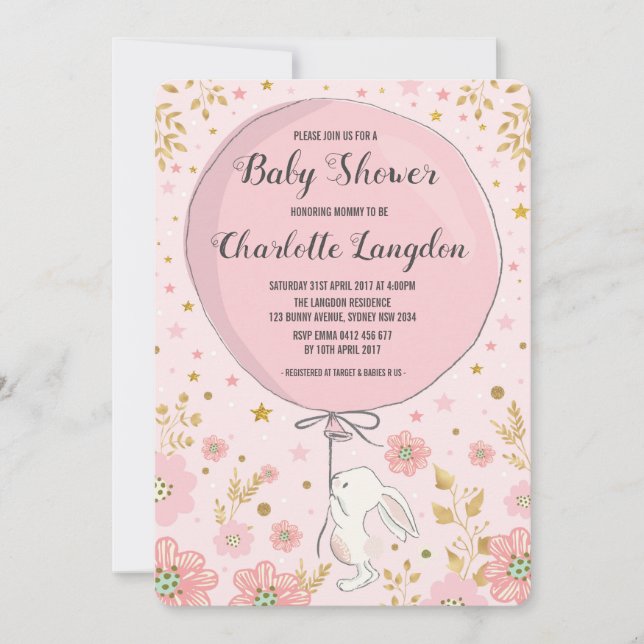 Pink Gold Bunny Rabbit Baby Shower Tea Party Invitation (Front)