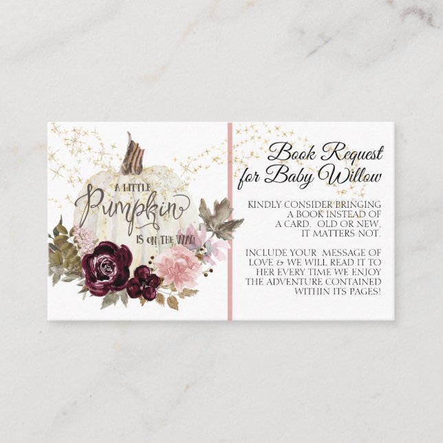 Pink Gold Burgundy Floral Pumpkin Book Request Business Card (Front)
