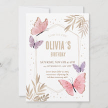 Pink, gold Butterflies Cute Birthday Invitation