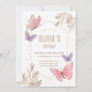 Pink, gold Butterflies Cute Birthday Invitation