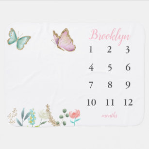 Pink Gold Butterfly Baby Girl Monthly Milestone Baby Blanket
