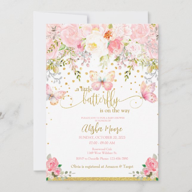 Pink Gold butterfly baby shower invitation (Front)