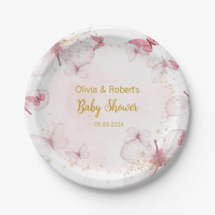 Pink Gold Butterfly Baby Shower Paper Plate
