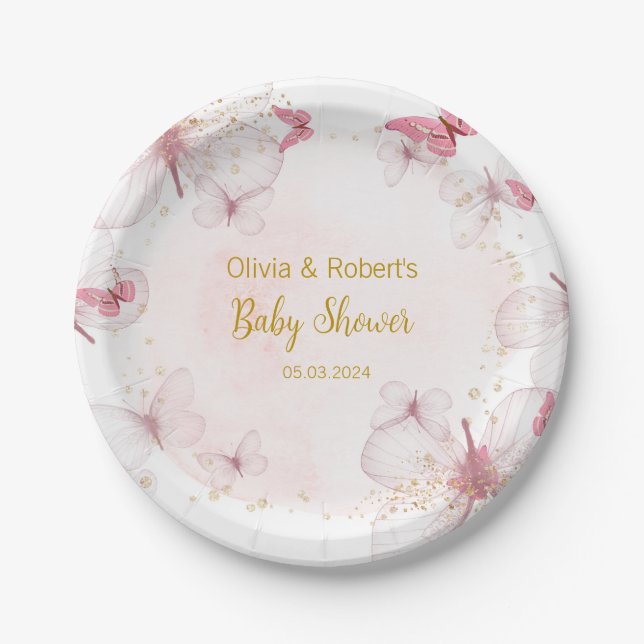 Pink Gold Butterfly Baby Shower  Paper Plate (Front)