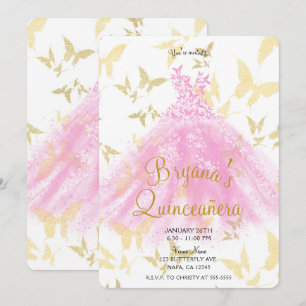 Pink & Gold Butterfly Dance Dress Quinceañera   Invitation