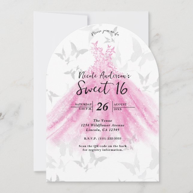 Pink & Gold Butterfly Dance Dress Sweet 16 Invitation (Front)
