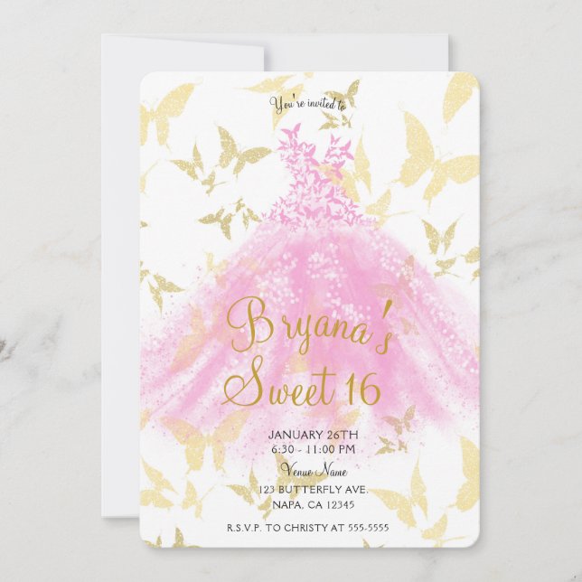 Pink & Gold Butterfly Dance Dress Sweet 16 Party Invitation (Front)