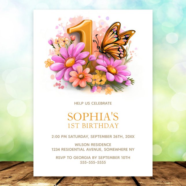 Pink Gold Butterfly Floral 1st Birthday Party Invitation (Creator Uploaded)