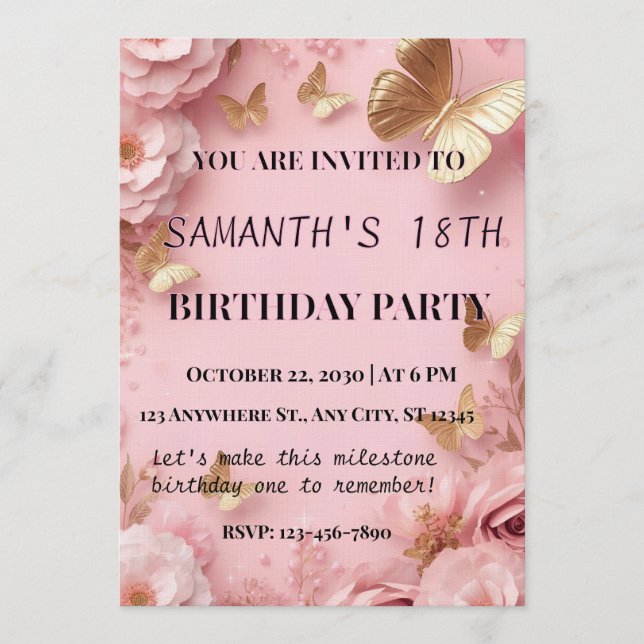 Pink Gold Butterfly Garden Invite (Front)