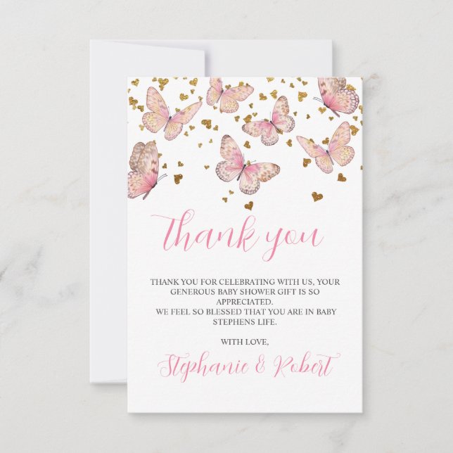 Pink & Gold Butterfly Kisses Baby Shower  Thank You Card (Front)