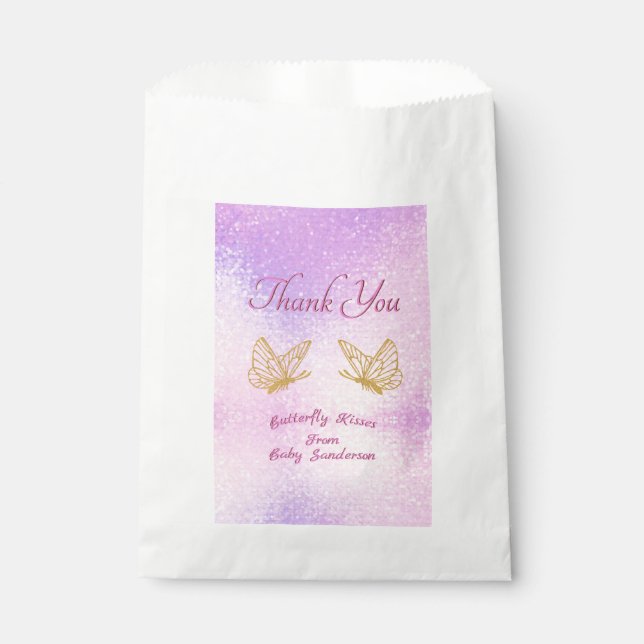 Pink Gold Butterfly Kisses Thank You Baby Shower Favour Bags (Front)