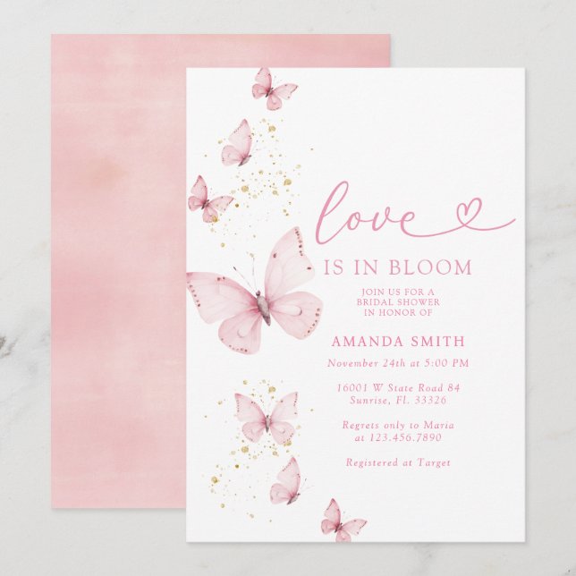 Pink Gold Butterfly Love In Bloom Bridal Shower  Invitation (Front/Back)