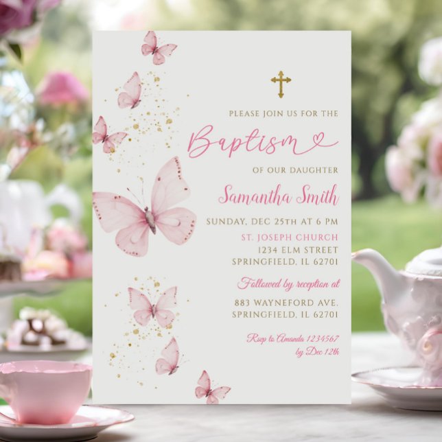 Pink Gold Butterfly Minimalist Baptism Girl Invitation (Creator Uploaded)