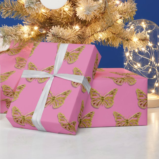 Pink gold butterfly pattern wrapping paper (Holidays)