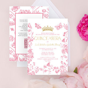 Pink Gold Butterfly QR Quinceañera Mis Quince Años Invitation
