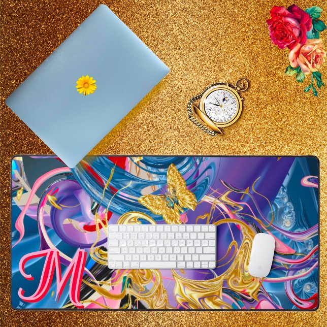 Pink Gold Butterfly Swirl Monogram Liquid Abstract Desk Mat (Creator Uploaded)