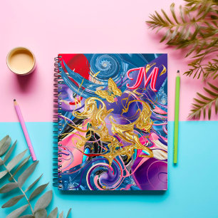 Pink Gold Butterfly Swirl Monogram Liquid Abstract Notebook