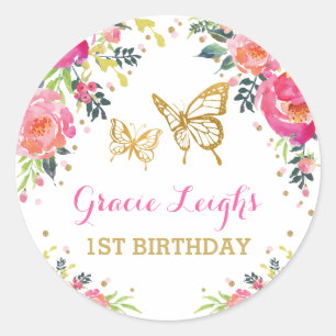 Pink Gold Butterfly Watercolor Floral 1st Birthday Classic Round Sticker