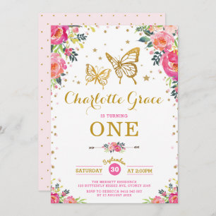 Pink Gold Butterfly Watercolor Floral Birthday Invitation